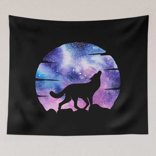 Item preview, purple and blue night galaxy wolf howling at moon silhouette designed and sold by Zevy-Darling.