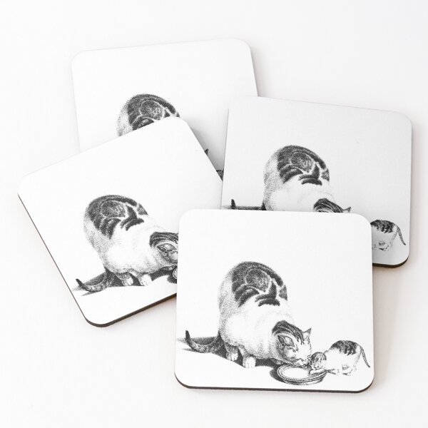 Item preview, Domesticated Cat and Kitten Drinking Milk: Black and White Illustration By Gottfried Mind, The Raphael of Cats 1768-1814 designed and sold by TeachUrb.