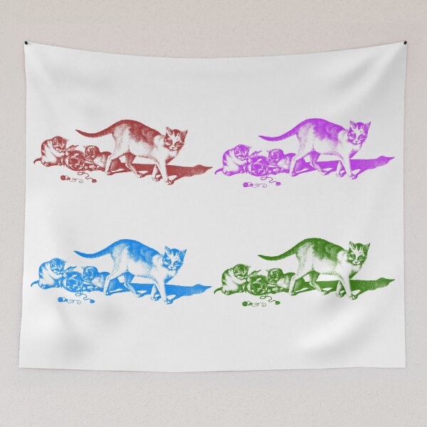 Item preview, Domestic Cat and Three Playful Kittens: Colorfully Edited Red Purple Blue Green Pattern Illustration by Gottfried Mind, The Raphael of Cats 1768-1814 designed and sold by TeachUrb.