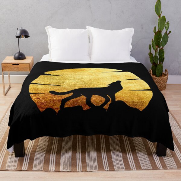 Item preview, gold brushed metal metallic wolf howling at moon silhouette designed and sold by Zevy-Darling.