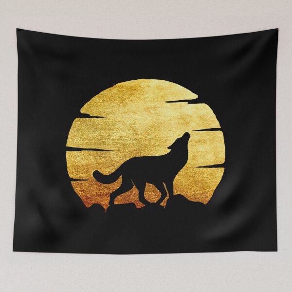 Item preview, gold brushed metal metallic wolf howling at moon silhouette designed and sold by Zevy-Darling.