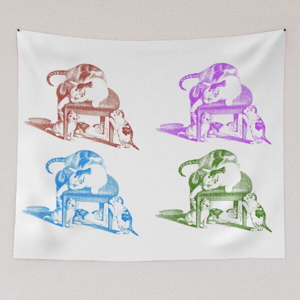 Item preview, Domestic Cat On A Stool And Three Playful Kittens: Colorfully Edited Red Purple Blue Green Pattern Illustration by Gottfried Mind, The Raphael of Cats 1768-1814 designed and sold by TeachUrb.