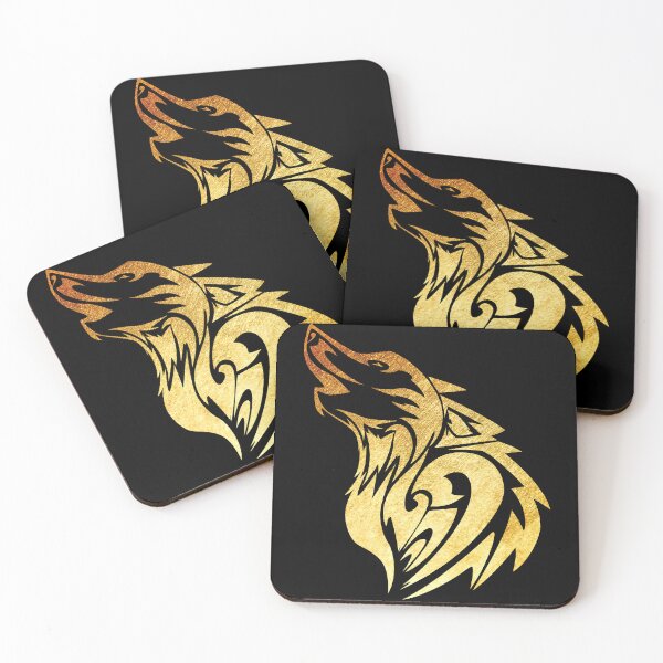 Item preview, gold brushed metal metallic howling tribal tattoo style wolf designed and sold by Zevy-Darling.