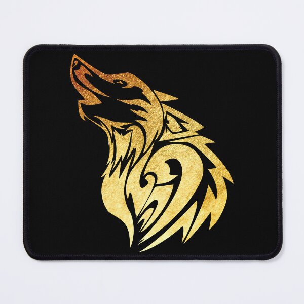 Item preview, gold brushed metal metallic howling tribal tattoo style wolf designed and sold by Zevy-Darling.