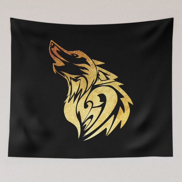 Item preview, gold brushed metal metallic howling tribal tattoo style wolf designed and sold by Zevy-Darling.