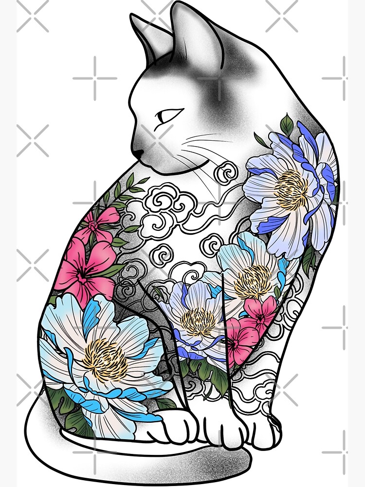 "Kitsune cat with colorful koi fish and flowers, zen cat figure