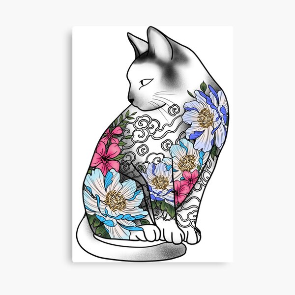 "Kitsune cat with colorful koi fish and flowers, zen cat figure japanese cat " Canvas Print