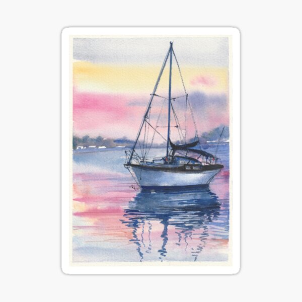 Sail Away Watercolour Painting of Boat by the Seaside Sticker