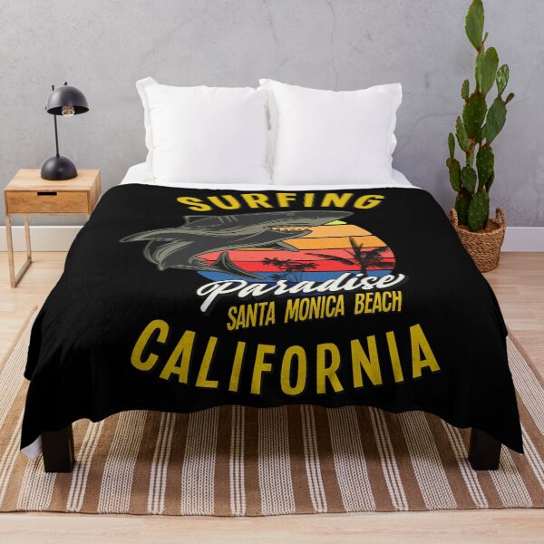 Item preview, Surfing Paradise Santa Monica Beach - Surfer design with a shark, sun and palm trees designed and sold by velisani.