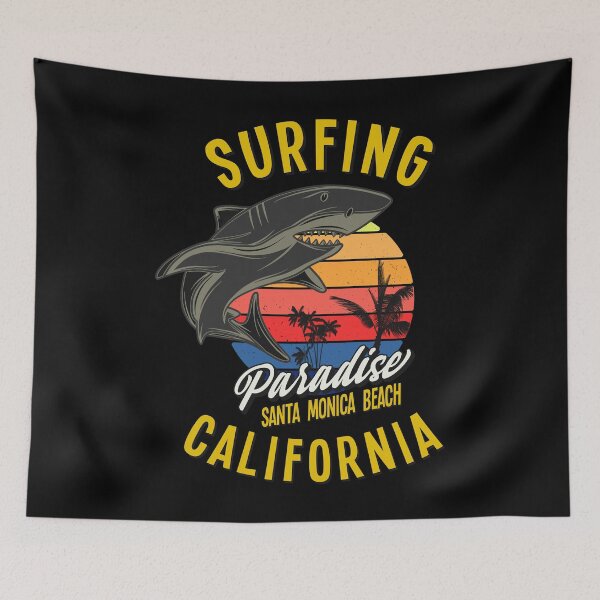 Item preview,  Surfing Paradise Santa Monica Beach - Surfer design with a shark, sun and palm trees designed and sold by velisani.