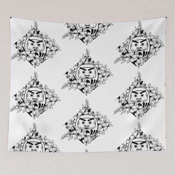 Item preview, White over black abstract line art flower pattern, Daruma with sakura flowers - Traditional japanese designed and sold by shodark.