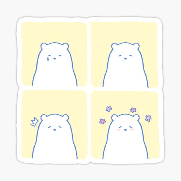 Gonmi The Chubby Polarbear avec manie, paresse et travail défait / Émotion faciale, bande dessinée à 4 panneaux / cadre carré Sticker
