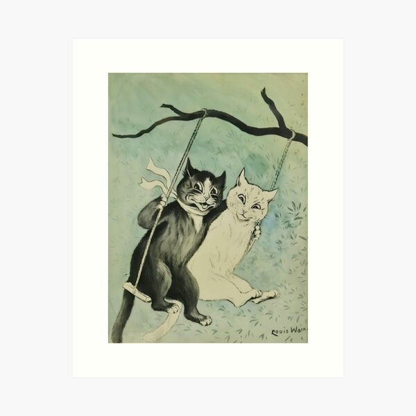 Item preview, A Black and a White Cat on a Swing with Green Background by Louis Wain designed and sold by yoloforever.