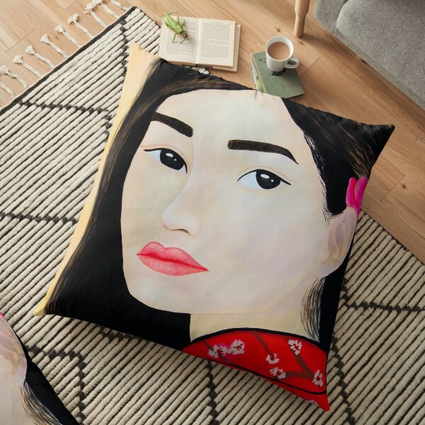 Beautiful Asian woman portrait in Gouache Floor Pillow