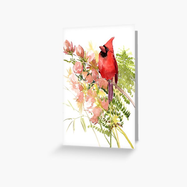 Carte Meilleurs Voeux Cadre Poinsettias et Cardinal rouge