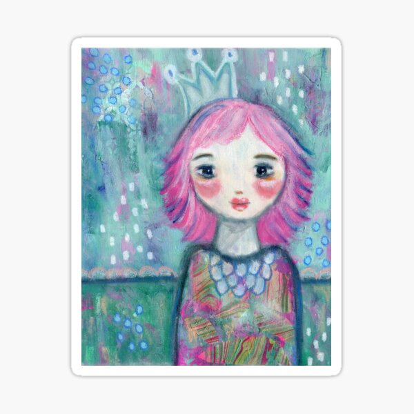 Queen Bee, Queen, Princess, Pink Hair, Whimsical Girl, Child Art, Inner Child, Pink and blue, Mixed Media, Jackie Barragan Sticker