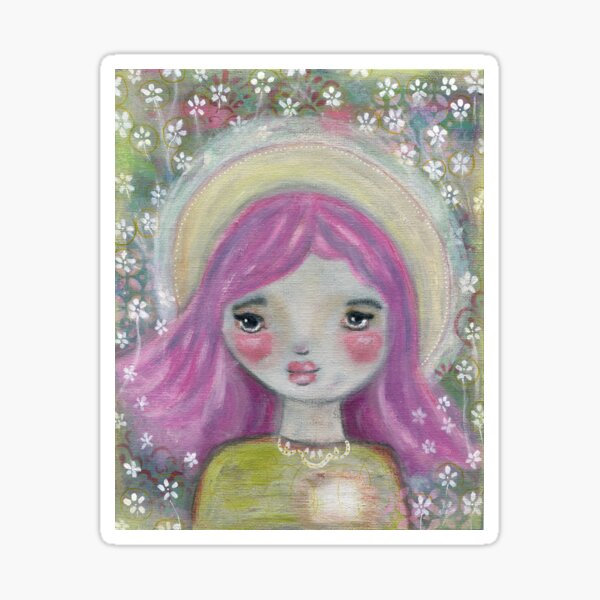 Halo, girl in garden, aura, yellow and pink, sweet dreams, inner child, child art, white flowers, daisies, whimsical girl, Jackie Barragan, mixed media, inner light, let your light shine, light within Sticker