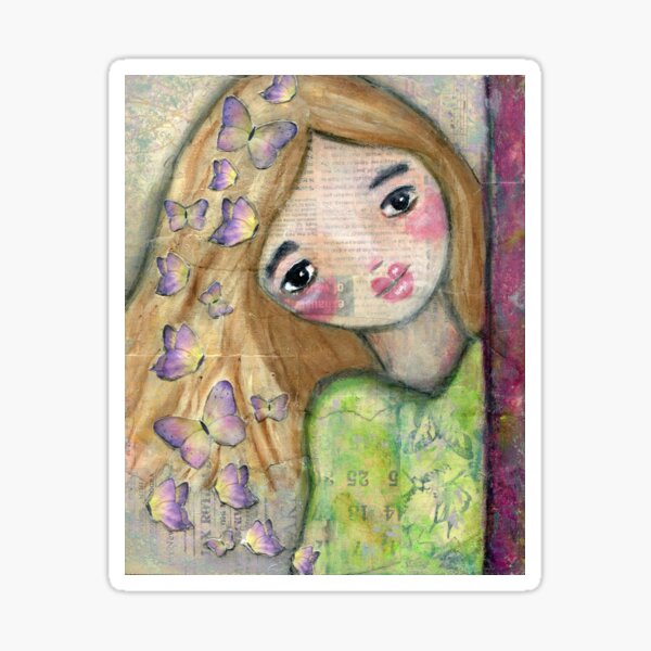 Butterflies in hair, Peek-A-Boo, Surrounded my Butterflies, girls room, gift for her, inner child, child art, Covered in Butterflies, Whimiscal Girl, Mixed Media, Jackie Barragan, Green and lavender Sticker