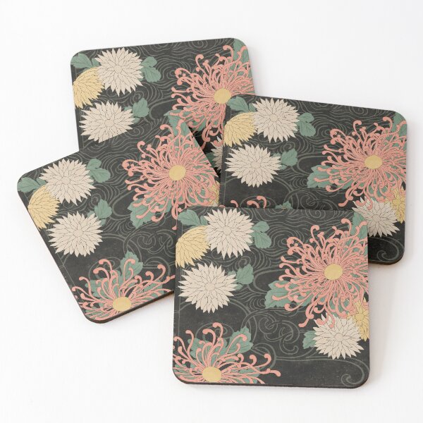 Japanese Woodblock Flower Print on Black Background Coasters (Set of 4)