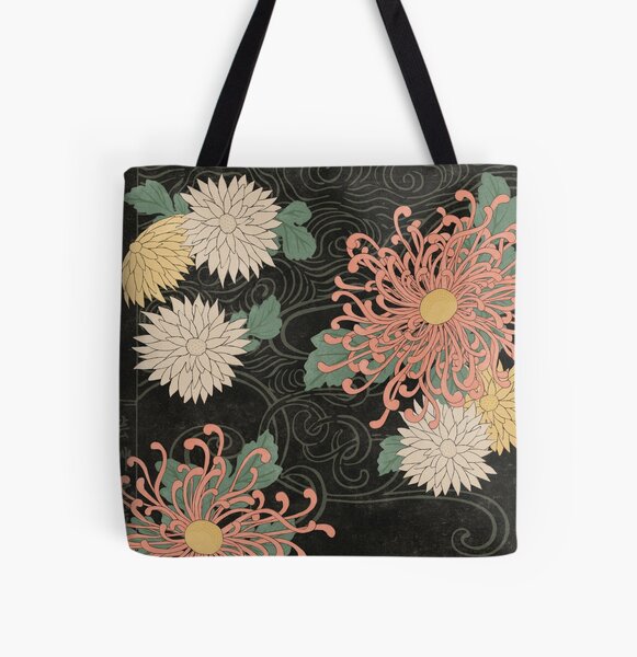Japanese Woodblock Flower Print on Black Background All Over Print Tote Bag