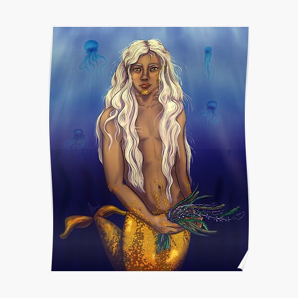 Golden Mermaid holding flowers art illustration Poster
