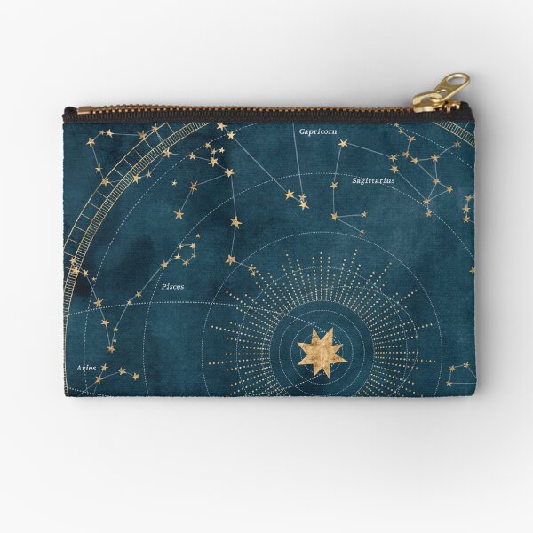 Astrology Wheel with Golden Zodiac Signs on Midnight Blue Sky Zipper Pouch