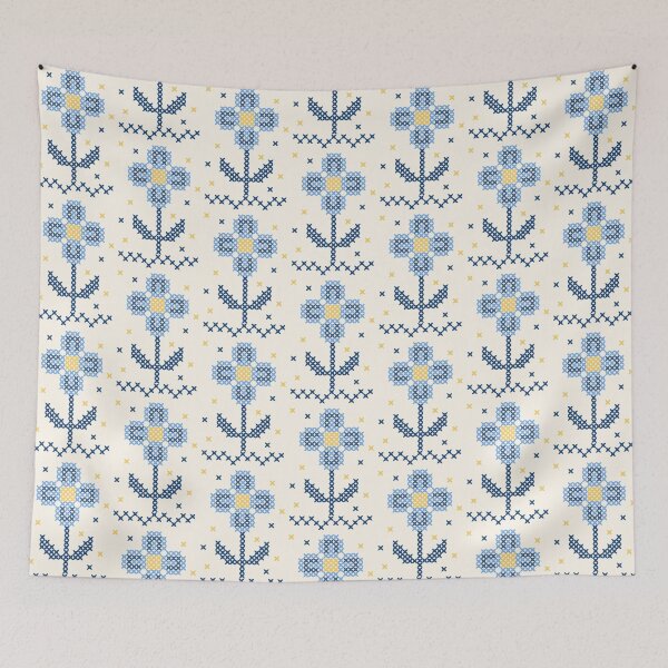 Item preview, Blues on blues faux cross stitch embroidory floral designed and sold by FrancesPoff.