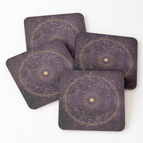 Astrology Wheel with Golden Zodiac Signs on Deep Purple Sky Coasters (Set of 4)