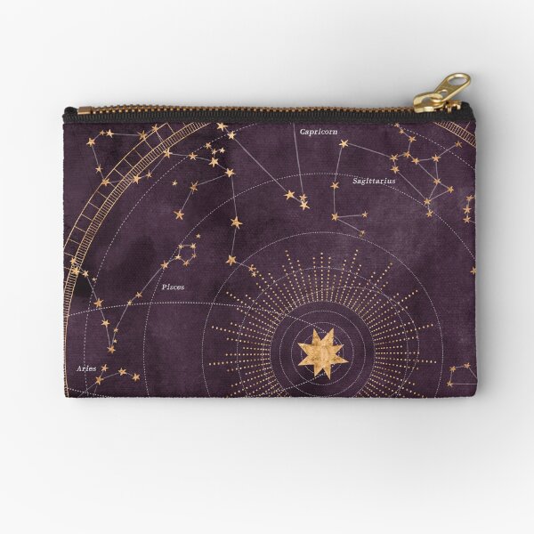 Astrology Wheel with Golden Zodiac Signs on Deep Purple Sky Zipper Pouch