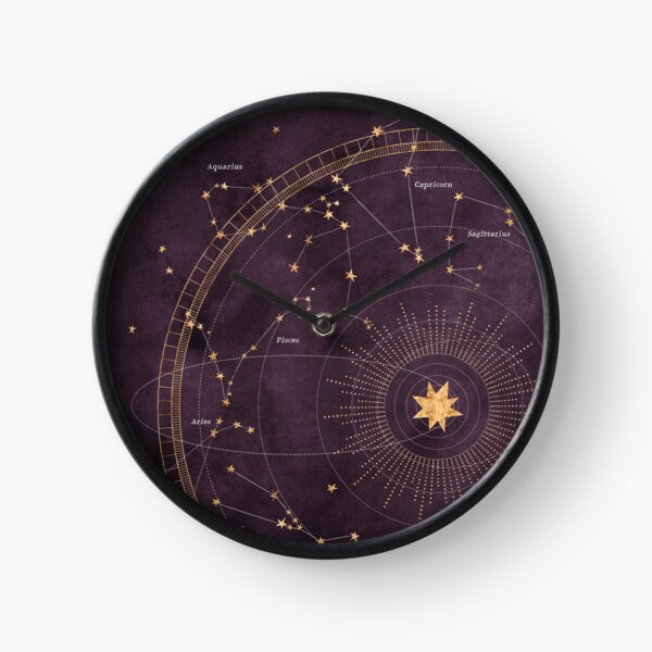 Astrology Wheel with Golden Zodiac Signs on Deep Purple Sky Clock