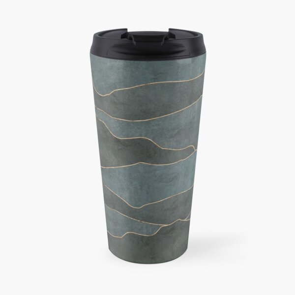 Dark Abstract Mountains with Petrol Green Distressed Texture and Gold Hi-lights Travel Coffee Mug