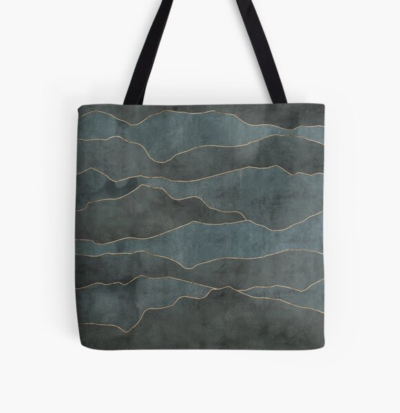 Dark Abstract Mountains with Petrol Green Distressed Texture and Gold Hi-lights All Over Print Tote Bag