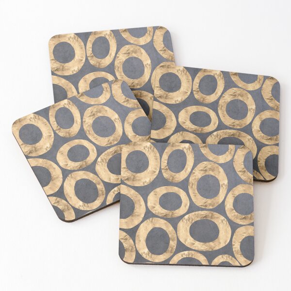 Metallic Golden Donut Pattern on Blue Gray Scratched Texture Background Coasters (Set of 4)