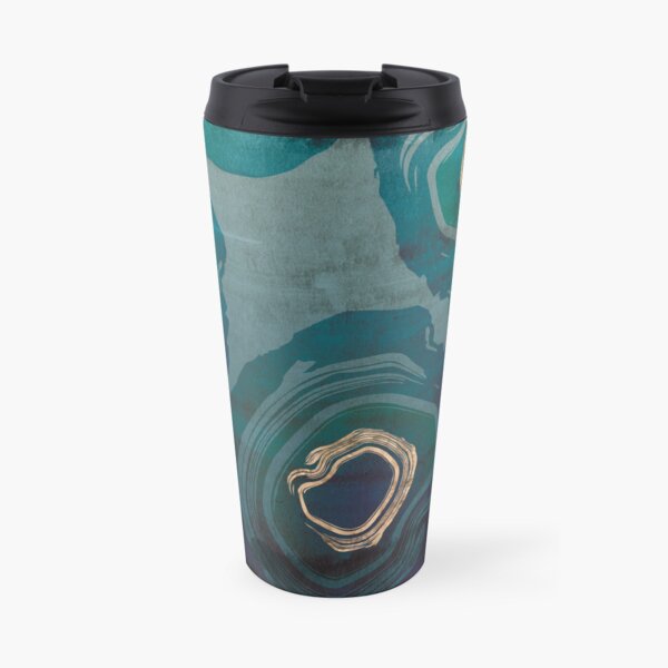 Sliced Geodes in Petrol Blue Ombre with Metallic Gold Details Travel Coffee Mug