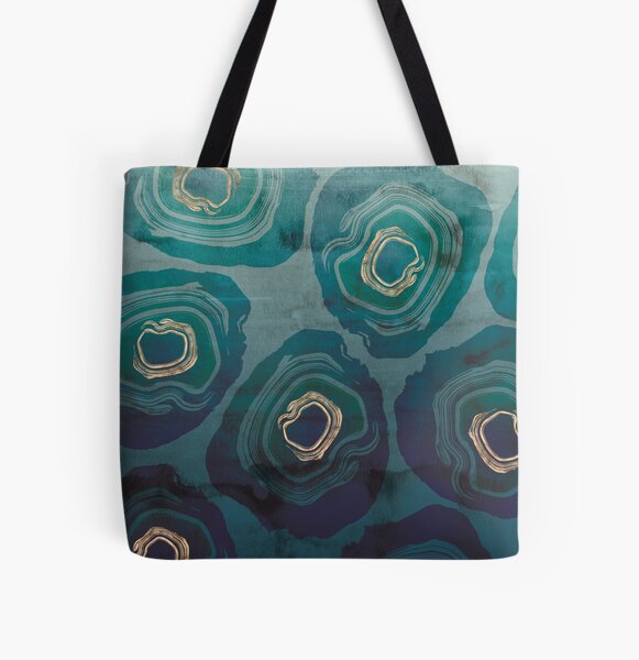 Sliced Geodes in Petrol Blue Ombre with Metallic Gold Details All Over Print Tote Bag