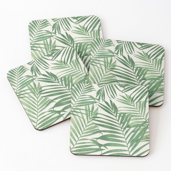 Palm Leaves in Green Watercolour on Cream Coasters (Set of 4)
