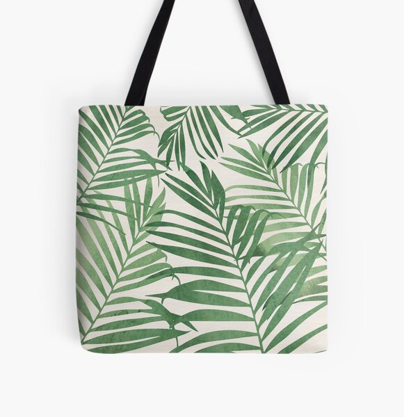 Palm Leaves in Green Watercolour on Cream All Over Print Tote Bag