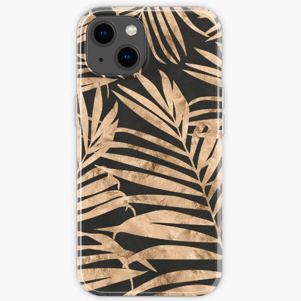 Tropical Palm Leaves in Gold Metallic Foil on Black iPhone Soft Case