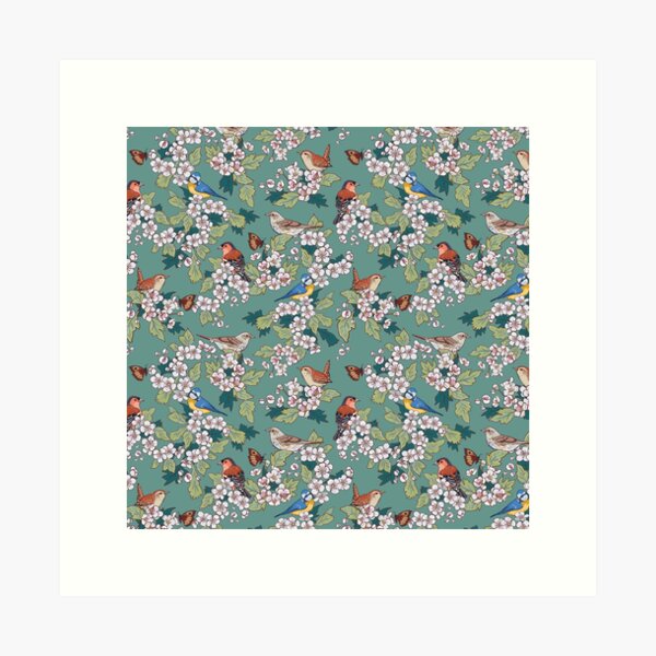 Hawthorn Blossom and Hedgerow Birds Art Print