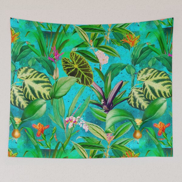 Item preview, Exotic tropical foliage, leaves and flowers tropical pattern, botanical illustration, turquoise floral illustration   designed and sold by ZeinabTaha.