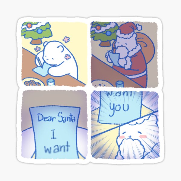 Gonmi The Chubby Polarbear with mania , laziness and undone work / Dear Santa 4 panel comic / square frame Sticker