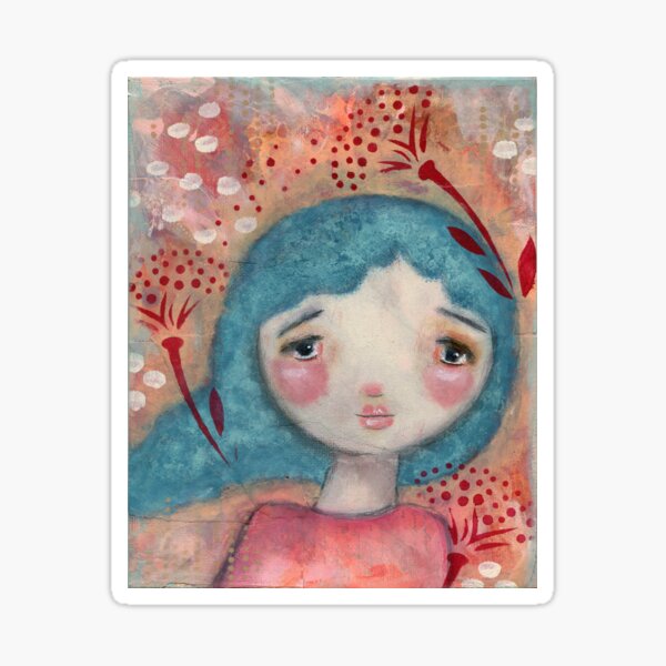 Sad eyes, whimsical girl, Dandelions, blue hair, inner child, child art, coral and blue, mixed media, Jackie Barragan, Gift for her Sticker