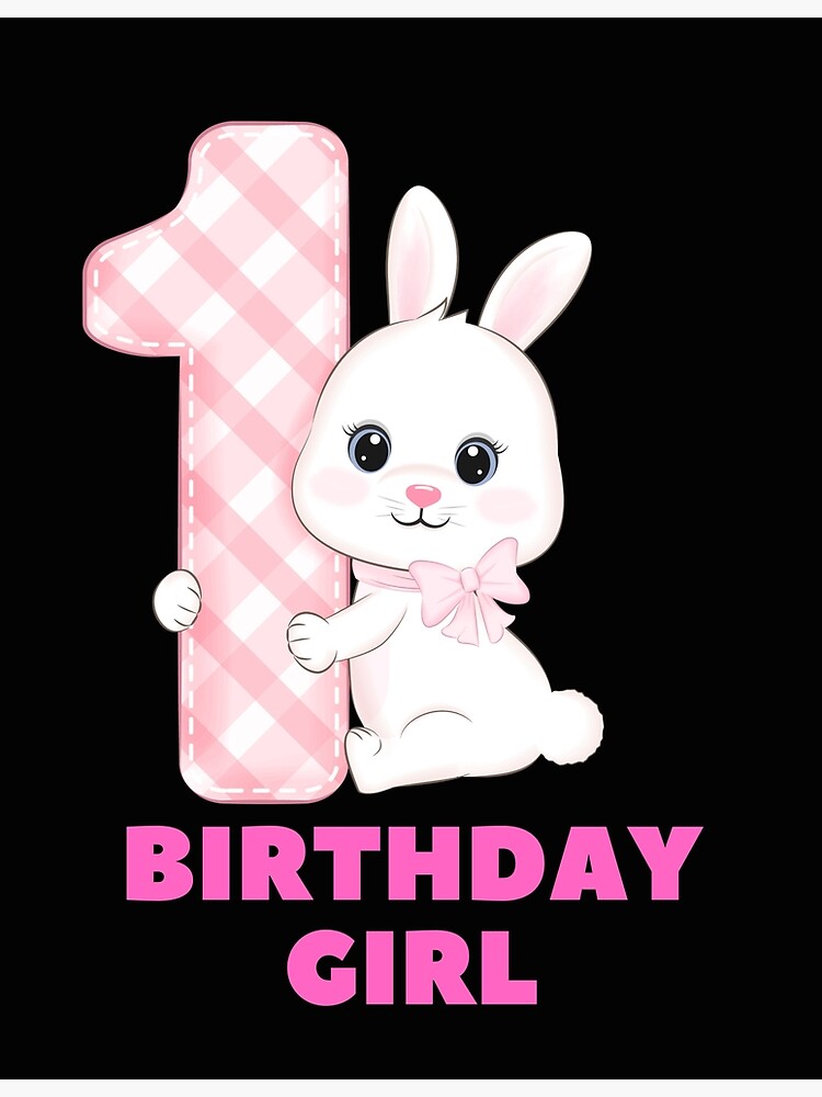Happy first birthday candle. Baby girl greeting card with bunny