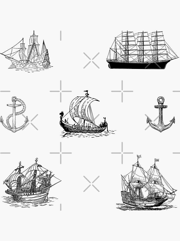 Dessin au trait noir et blanc mer et oc an voiliers collection de navires Sticker