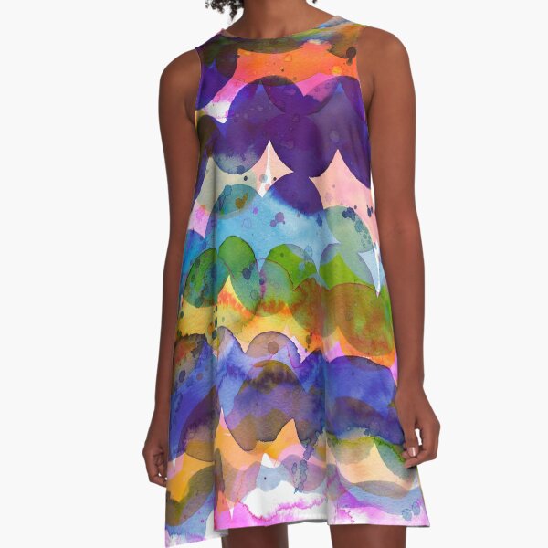 Abstract waves sunset watercolor painting - Colorful tidal A-Line Dress