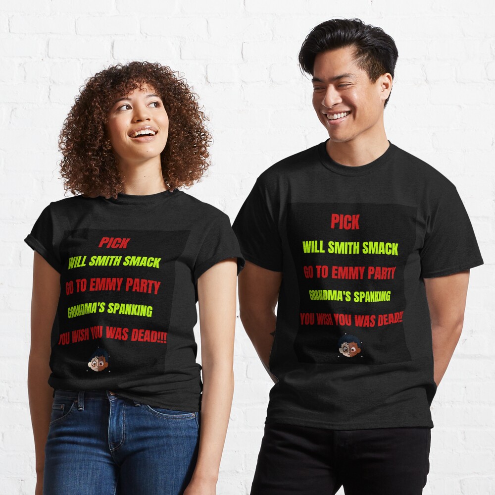 Humorous apparel design commemorating the infamous Will Smith 2022 Emmy Awards Chris Rock slap.  Classic T-Shirt