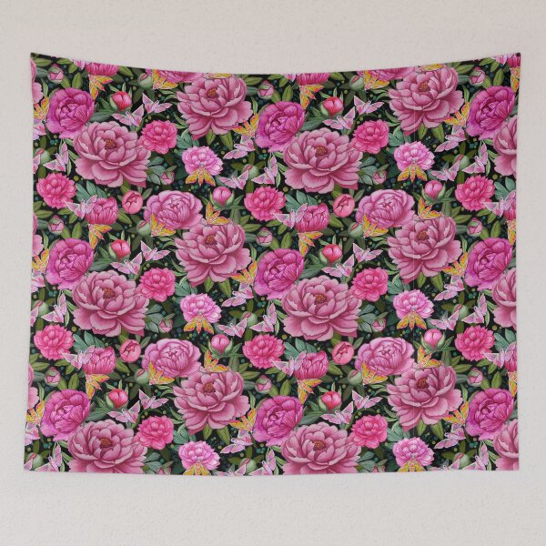 Item preview, Pink Peony and Elephant Hawk Moth  floral garden watercolor art pattern designed and sold by MagentaRose.