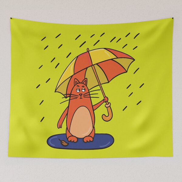 Item preview, Orange cat with umbrella in a rainy day designed and sold by Bonobofy.