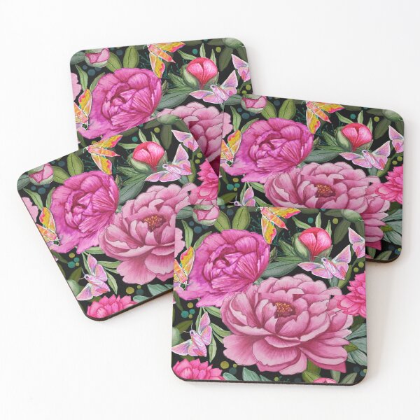 Item preview, Pink Peony and Elephant Hawk Moth  floral garden watercolor art pattern designed and sold by MagentaRose.