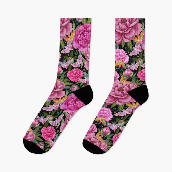 Item preview, Pink Peony and Elephant Hawk Moth  floral garden watercolor art pattern designed and sold by MagentaRose.